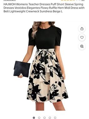 Women’s Dress Puff Short Sleeve with soft belt. Size L Black and beige.
